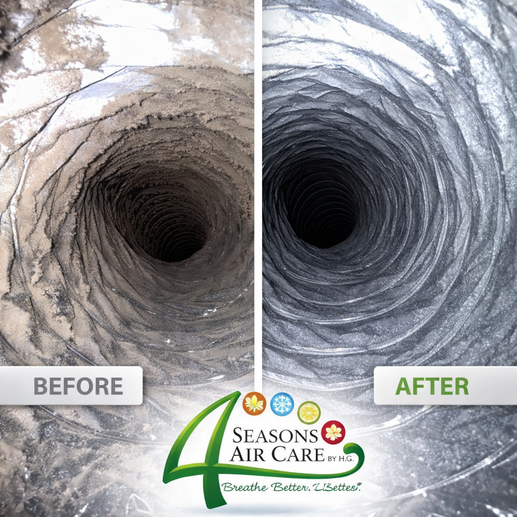HVAC duct deep clean, Kennesaw GA — pollen, dust and pet dander removed at the source. Before and after HVAC duct deep cleaning in Kennesaw GA showing removal of dust, pollen and pet dander