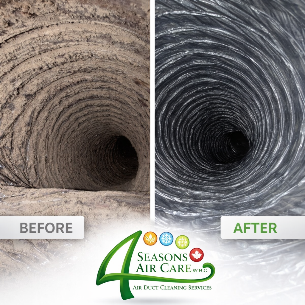 Duct & dryer vent restoration, Acworth GA — camera-verified results after source-removal cleaning. Before and after dryer vent and duct restoration in Acworth GA by 4 Seasons Air Care technicians