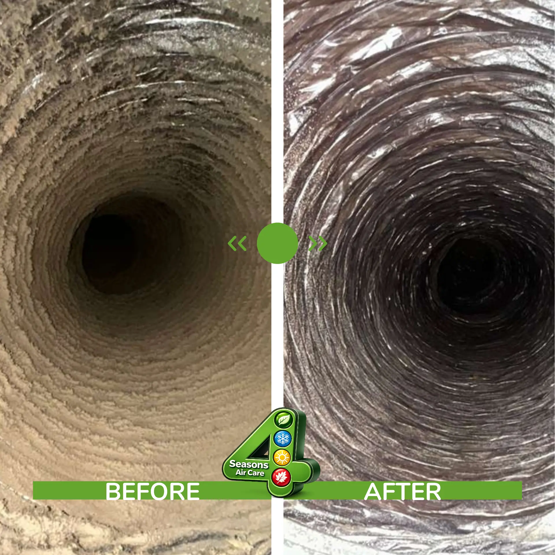 Air duct cleaning, Marietta GA — heavy dust and debris removed from a residential flex duct run. Before and after air duct cleaning in Marietta GA — dust-caked flex duct fully cleaned by 4 Seasons Air Care